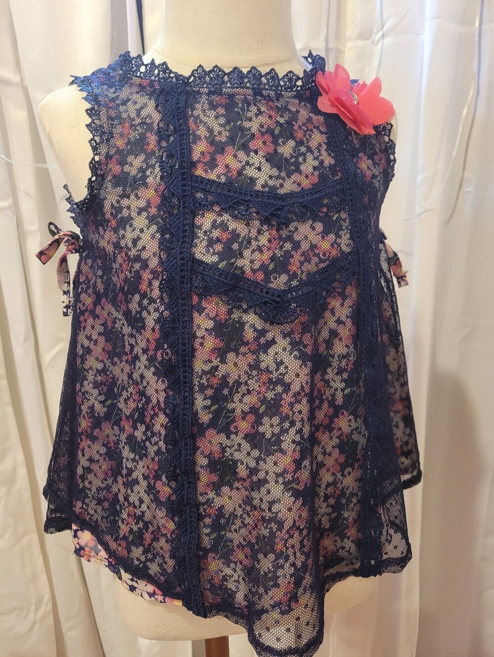 Nannette Navy Lace Floral Tank with Pink Flower Accent